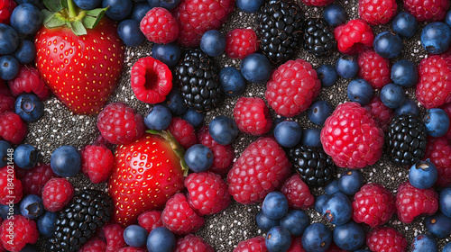 Fresh Mixed Berries and Chia Seeds in Healthy Food Flat Lay