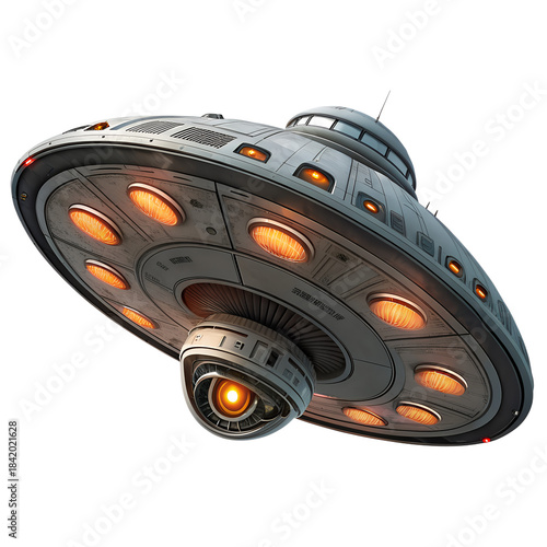 Futuristic Flying Saucer with Glowing Orange Lights and Metallic Sci-Fi Design