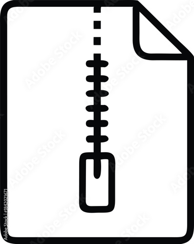 A simple black outline icon illustrating a file compression concept with a zipper.