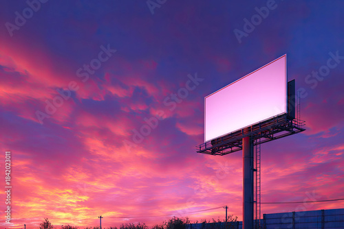 A large blank billboard stands against a vibrant sunset sky filled with pink and purple hues, evoking a serene yet striking atmosphere.
