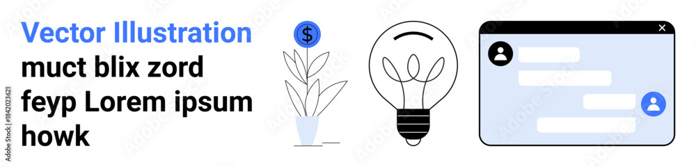 Fototapeta premium Finance, innovation, digital communication, creative thinking, business productivity, messaging tools. Plant with dollar sign, light bulb and chat window. Finance and innovation visual concepts