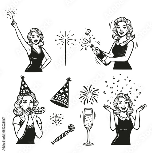 Powerful, Retro New Year Celebration Vector Set! Glamorous women, champagne popping, sparklers, party hats (2026), confetti, and fireworks in a stylish vintage comic/pop art style. Perfect for invitat