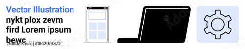 Mobile device with app interface, laptop silhouette, and gear icon symbolize technology, innovation, and development. Ideal for tech services, startups, app design, software customization repair