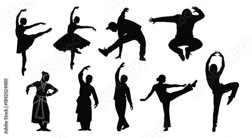 Dance silhouettes showcasing ballet hip hop and traditional cultural movement styles