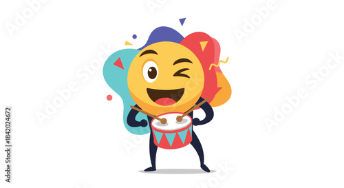 Cheerful and energetic winking face emoji character playing a red and white drum with drumsticks in a festive celebration.