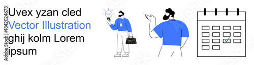 Business strategy, calendar planning, idea generation, task management, team collaboration, and productivity. Two individuals sharing ideas and pointing at a calendar. Business strategy and calendar