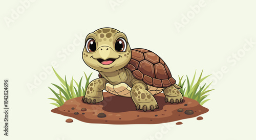 Adorable and happy baby turtle with big eyes and a friendly smile standing on a patch of dirt with some green grass.