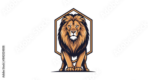 Majestic and powerful lion with a full mane standing proudly inside a golden hexagonal frame, suitable for a brand logo.