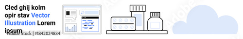 Healthcare, pharmaceutical logistics, cloud storage, big data analytics, supply chain management, digital health. Medicine bottles, pills data UI and cloud shape. Healthcare and pharmaceutical