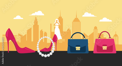 Women's fashion and luxury accessories including high heels, handbags, and jewelry displayed against a modern city skyline.
