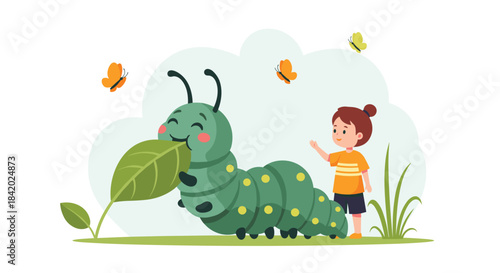 Cute little girl interacting with a giant friendly green caterpillar that is happily eating a large leaf in a garden.