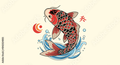 Traditional Japanese koi carp fish jumping out of the water, illustrated in a classic art style with waves and symbols.