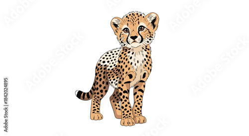Cute and alert baby cheetah cub with characteristic spots standing and looking forward, isolated on a white background.