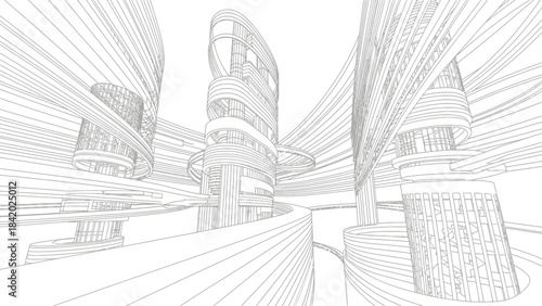 Modern Architectural Wireframe Design of Futuristic Buildings.