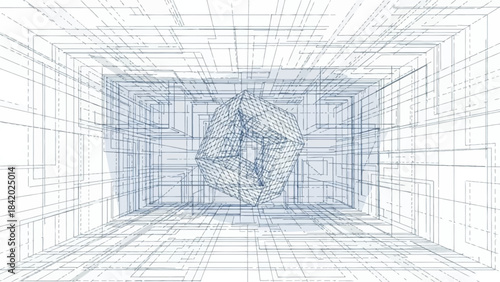 Abstract wireframe grid structure with central complex design.