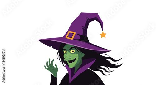 Classic cartoon of a wicked witch with green skin, a pointy nose, and a large purple hat, cackling mischievously.