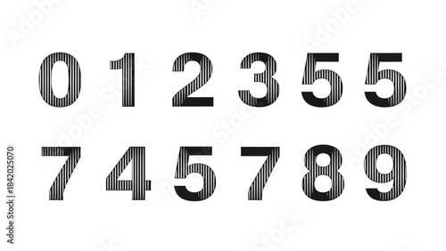 Digit set from zero to nine with textured lines on white background