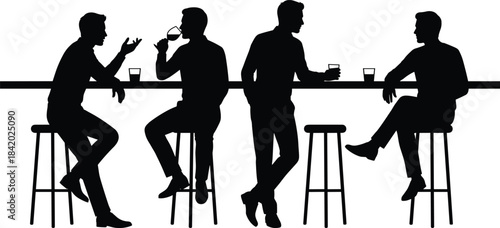 Black vector silhouette of four men sitting and leaning at a bar counter, enjoying conversation and drinks, illustrating casual social networking, nightlife, and friendship.