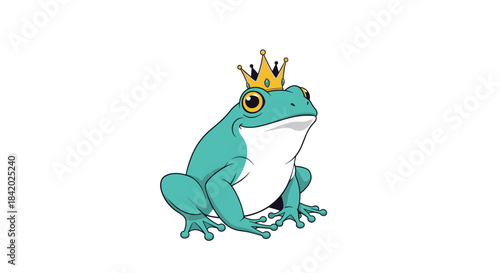 Charming green frog prince wearing a small golden crown, sitting regally and waiting for a kiss, from a classic fairy tale.