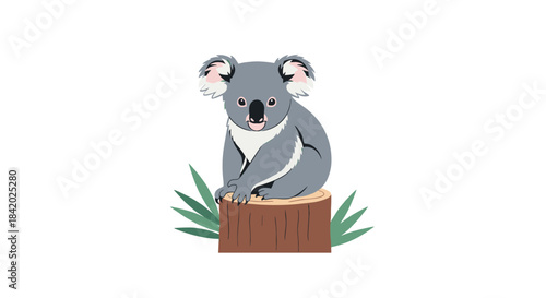 Cute grey koala bear sitting on a tree stump with eucalyptus leaves, looking directly at the viewer with a friendly face.