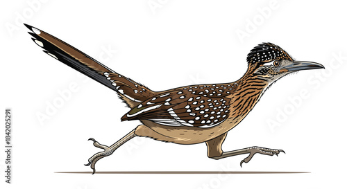 Detailed illustration of a greater roadrunner bird running at high speed, isolated against a clean white background.