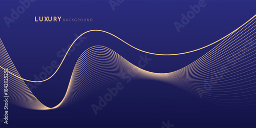 Abstract luxury blue gradient with shining gold flowing lines. Modern luxury line wave pattern background suitable for banner, poster, award, brochure, cover, flayer.