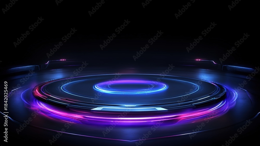 Obraz premium Dark abstract background features glowing blue and pink concentric rings on a sleek futuristic podium