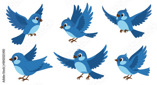 Set of six cute cartoon blue birds in various flying and soaring poses, showing different stages of flight on white background.