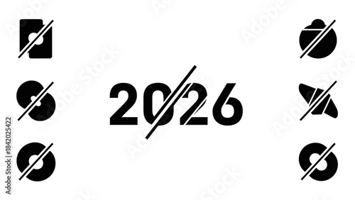 Graphic illustration of the year 2026 crossed out with multiple symbols