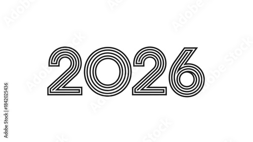 Graphic illustration of the year 2026 in bold stripes on white background