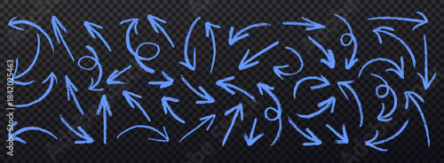 Blue hand drawn arrows set on transparent background. Set of sketchy doodle arrow directional pointers