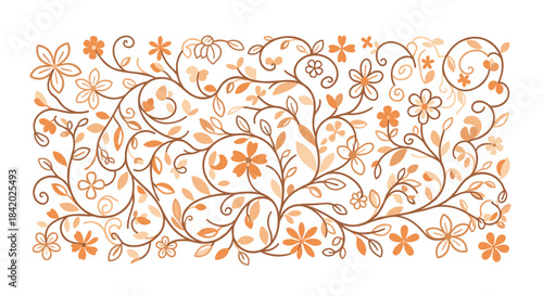 Intricate and beautiful hand-drawn floral pattern with swirling vines, leaves, and orange flowers on a clean background.