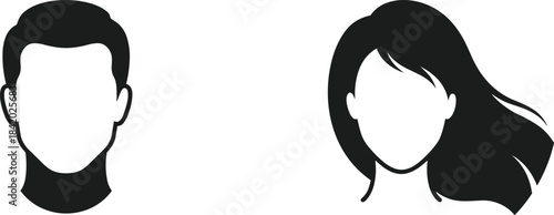 Vector male and female face avatars with minimal detail, representing generic user profiles or identity icons for web and application interface design templates.