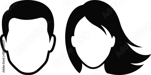 Simple vector male and female head avatars with blank faces, representing generic user profiles, people, or customer identity for websites and apps.