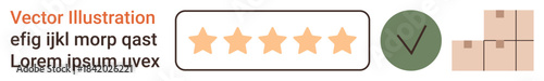 E-commerce, online shopping, customer satisfaction, rating systems, product delivery, quality assurance. Five-star rating, checkmark and boxes. E-commerce and customer satisfaction concept