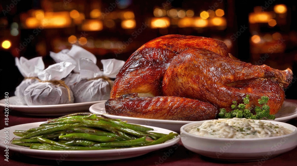 Obraz premium A beautifully roasted whole poultry dish served with green beans and stuffing.
