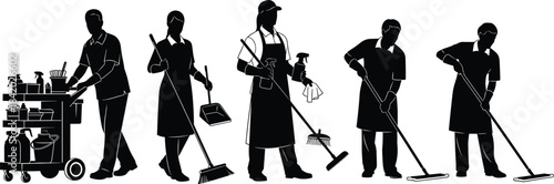 Black Silhouette Set of Professional Cleaning and Custodial Staff in Uniform with Various Tools, Isolated Vector Illustration Collection for Service and Maintenance Concepts