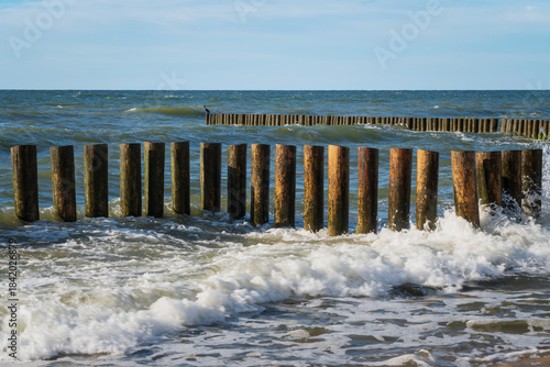 Fototapeta Naklejka Na Ścianę i Meble -  Baltic Sea and wooden breakwaters of the city beach on a summer day, Svetlogorsk, Kaliningrad region, Russia