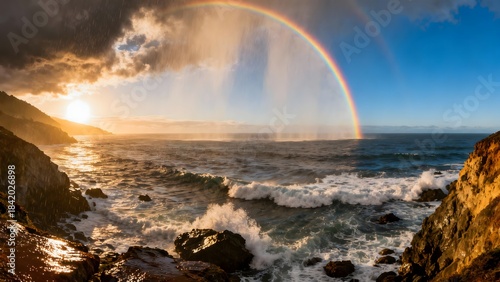 Vibrant rainbow over ocean cliffs and crashing waves at glowing sunset