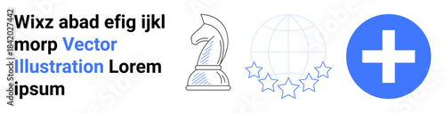 Business strategy, healthcare symbols, global standards, branding, teamwork, corporate identity. A chess knight, globe with stars and plus sign. Strategy and healthcare concept