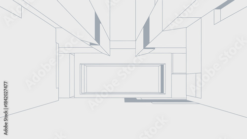 Abstract architectural wireframe interior design perspective drawing of a modern empty space.