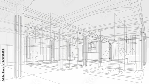 Architectural Wireframe Drawing of Interior Space.