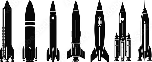 Black Silhouette Set of Various Style Space Rockets, Missiles, and Spacecraft for Launching, Isolated Vector Illustration Collection for Science, Future, and 