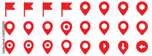 Set pin map marker pointer icon, GPS location flat symbol, arrows and flag signs – vector