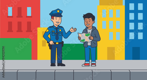 “Officer Talking to a Citizen”
Flat vector police officer assisting a community member, friendly posture, simple street background in solid blocks of colour.
