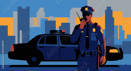 “Police Officer Using Radio”
Flat vector officer holding walkie-talkie, patrol car silhouette behind in solid shapes, bold strong colours, minimal shadows.