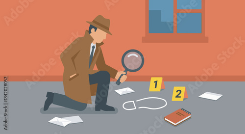  “Detective Investigating Clues”
Flat vector detective kneeling to examine evidence, magnifying glass icon, solid colour environment, simple props (footprints, markers).