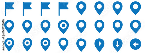 Set pin map marker pointer icon, GPS location flat symbol, arrows and flag signs – vector