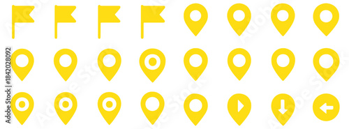 Set pin map marker pointer icon, GPS location flat symbol, arrows and flag signs – vector