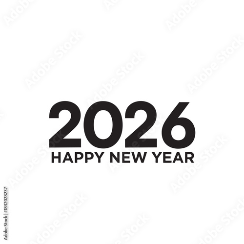 Black 2026 Happy New Year text graphic on white background vector
